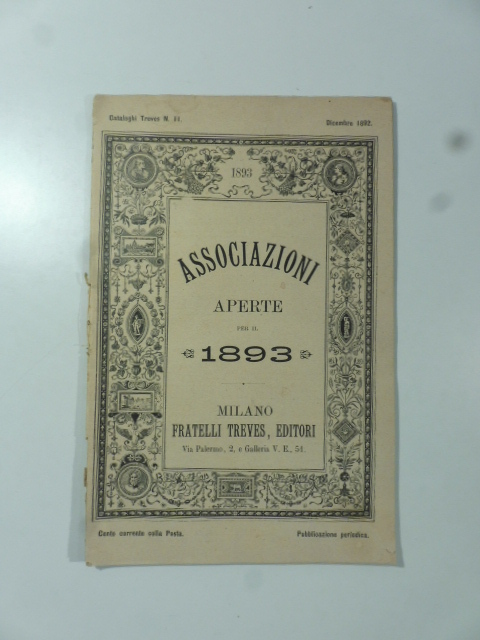 Cataloghi Treves n. 11, dicembre 1892. Associazioni aperte per il 1893